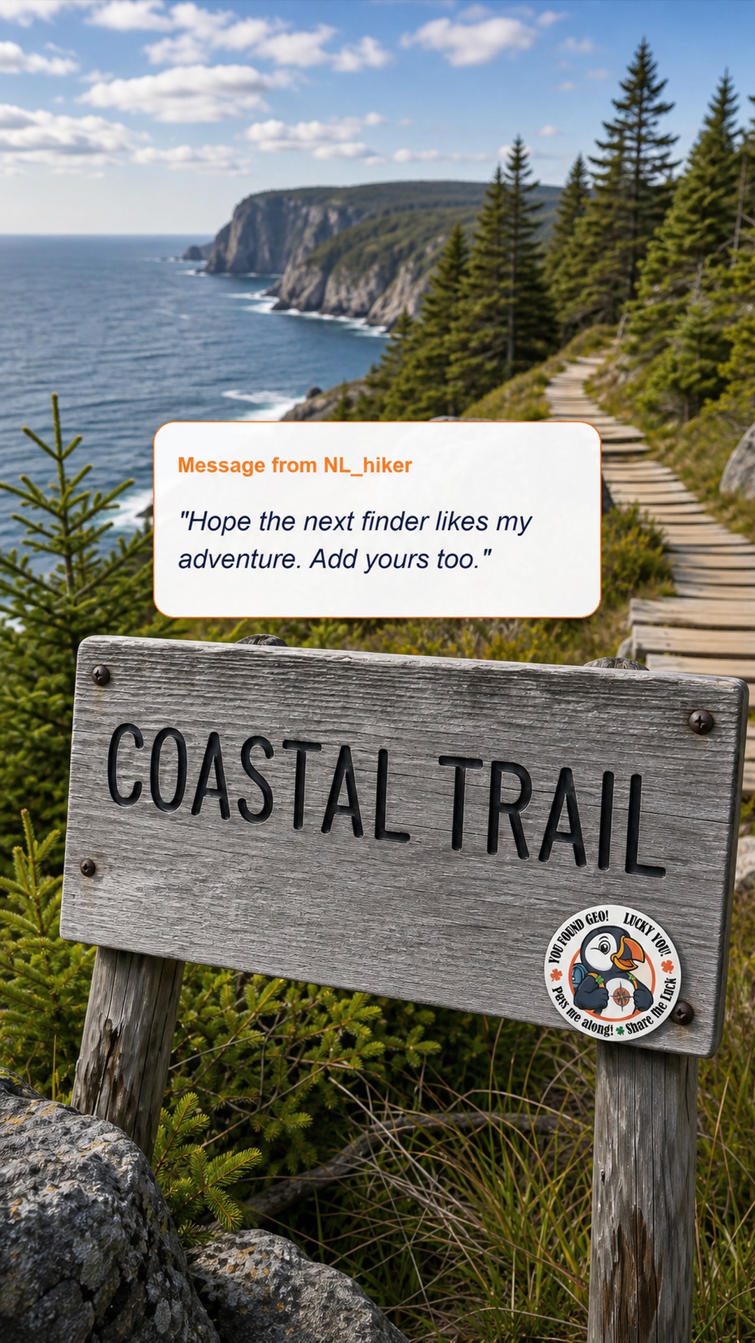 GeoToken placed on a coastal trail sign for Easy Find mode